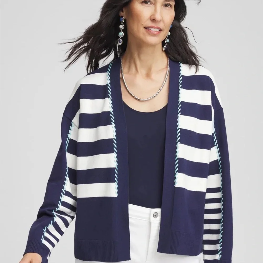 Chico's Striped Cardigan Passport Blue Size 2(Large) - Picture 2 of 6